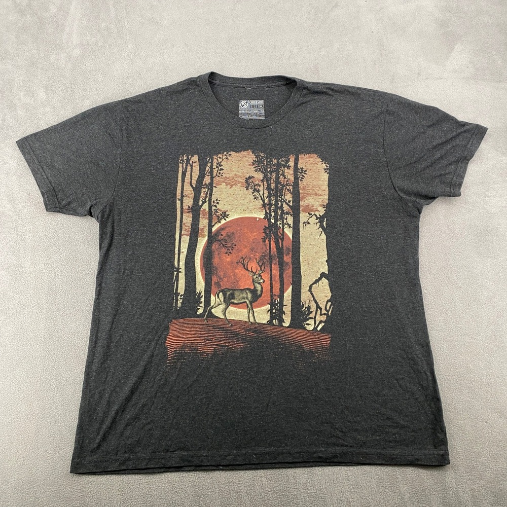 Curbside Clothing Mens XL Deer Forest Red Moon Graphic T-Shirt Charcoal Heather